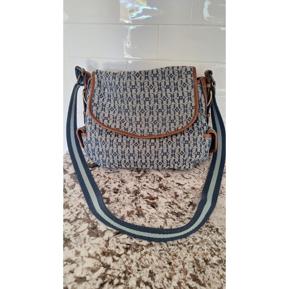 Fossil ZB 4103 Blue Jacquard Monogram Messenger Bag Leather Trim Crossbody